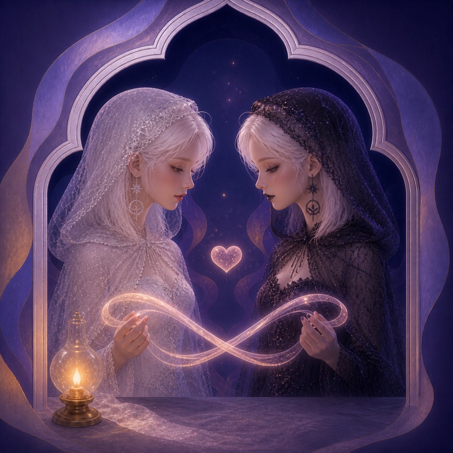 Dorothy's light and dark sisters holding a shared thread