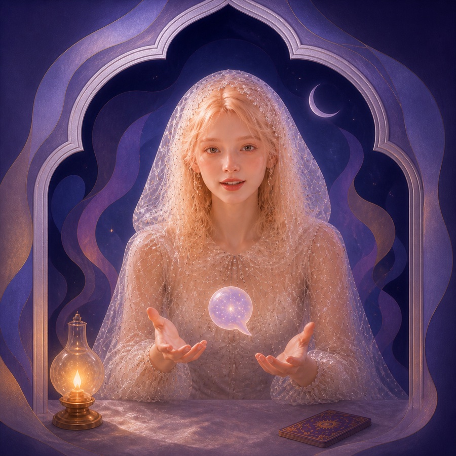 Dorothy holding a glowing conversation sphere in a moonlit arch
