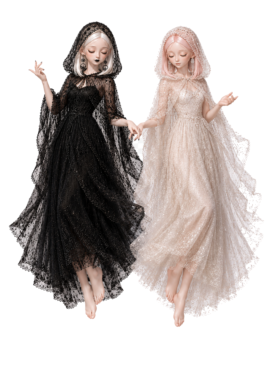 Black and white Dorothy sisters floating
